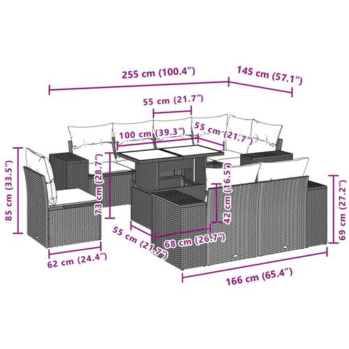  9-dijelni set vrtnih sofa s jastucima crni od poliratana Slike
