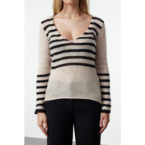Trendyol Beige Soft Textured Loose Knit Striped Sweater Cene
