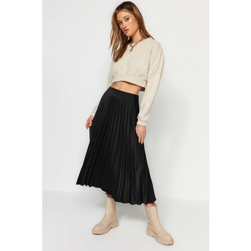 Trendyol Black Pleated Satin Midi Woven Skirt Slike