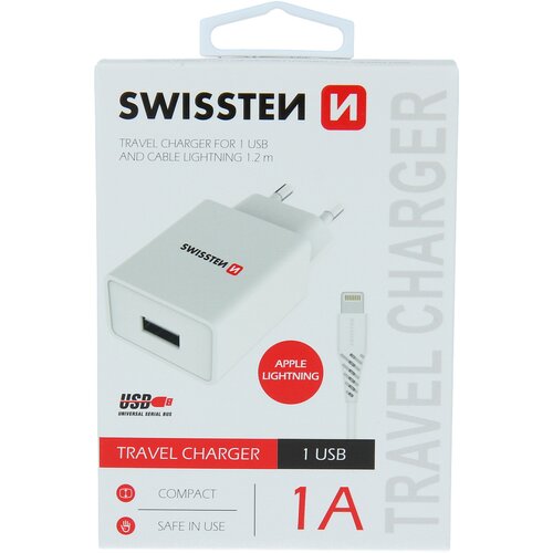 Swissten telefon kućni punjač 1xUSB 1A bijeli + lightning kabel Slike