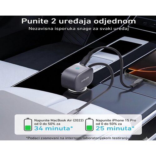 Anker Nano 75W, sa ugrađenim USB-C kablom na izvlačenje i USB-C portom, auto punjač Cene