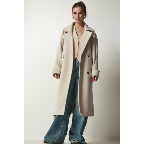  Women&amp;#039;s Cream Double Breasted Neck Belted Oversize Cachet Coat Slike