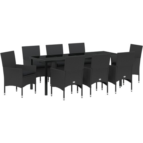 VidaXL 9-dijelni set za blagovanje u vrtu s jastučićima Crni poli ratan, Vrtni stol Crni 200x80x73 cm Staklo od kaljenog Slike