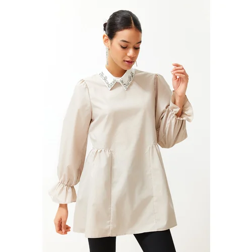 Trendyol Stone Pearl Collar Detailed Cotton Woven Tunic