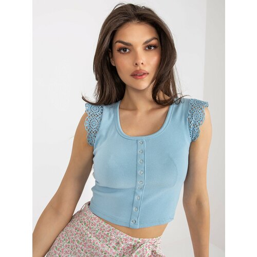 Fashion Hunters Light blue cotton blouse with ribbed lace Slike
