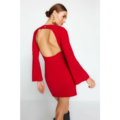 Trendyol Red Knitted Mini Dress with Open Back Spanish Sleeves