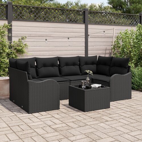 vidaXL 7-delna vrtna sofa garnitura z blazinami, črna poli ratan Cene