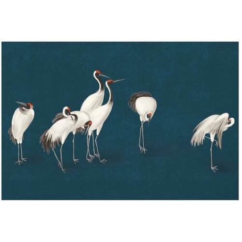  Plakat - Evening at the Pond - group of cranes drawn in dry pastel on a dark turquoise background 90x60 Bez okvira Slike