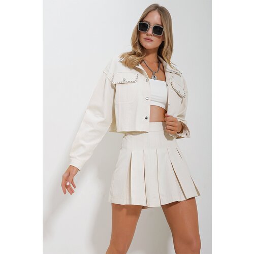 Trend Alaçatı Stili Women's Cream Troll Herringbone Patterned Gabardine Crop Jacket Cene