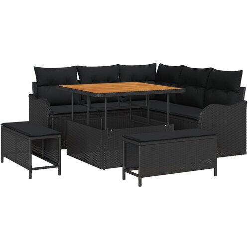 VidaXL Set vrtnih sofa od 8 dijelova s jastucima Crna Poli ratan Akacija, 2-sjedna vrtna sofa sa skladi&amp;scaron;tem i jastucima Crna Poli ratan, Set vrtnih stolica od 3 dijela s jastucima Crna Poli ratan Akacija Slike