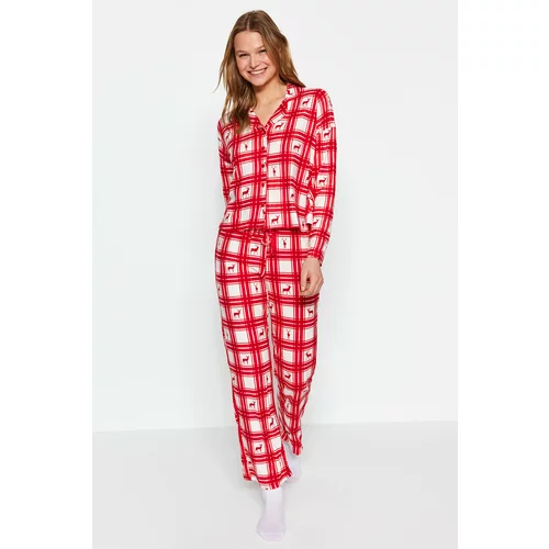 Trendyol Red Deer Printed Plaid Shirt-Pants Knitted Pajamas Set