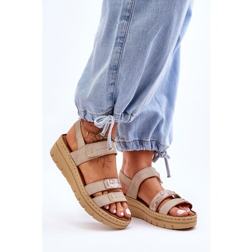 VINCEZA Women&amp;#039;s Leather Sandals With Velcro Beige Fresh Look Slike