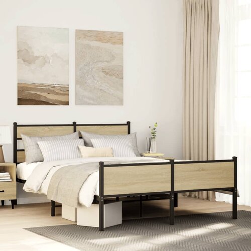 VidaXL Posteljni okvir brez vzmetnice hrast 140x190 cm inženirski les Slike