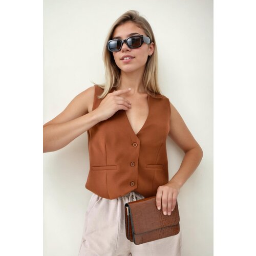 Dewberry 84295 Womens Lined Waistcoat with 3-Button Closure-KAHVE Slike