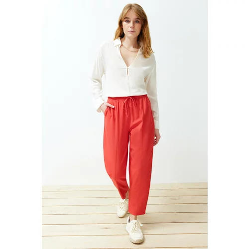 Trendyol Red Elastic Waist Linen Blended Woven Trousers