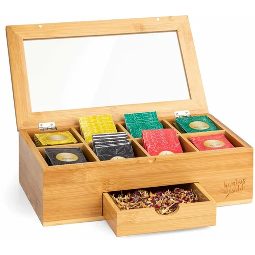 Klarstein Škatla za čaj s posebnim predalom, 8 notranjih predelkov, 120 čajnih vrečk, plastično okence, bambus