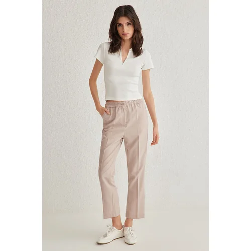 Trendyol Beige Back Elastic Waist Striped Straight Cut Woven Trousers