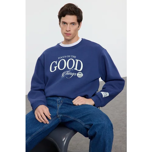 Trendyol Navy Blue Oversize/Wide Cut Polar Fleece Printed Sweatshirt