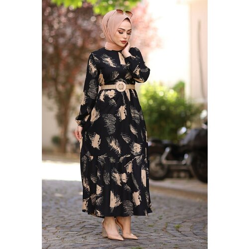 InStyle Brush Patterned Hijab Dress with a Belt - Black Cene