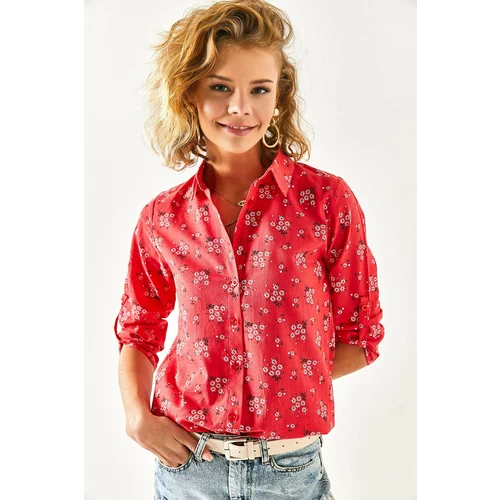 Olalook Women's Red Floral Foldable Linen Shirt with Sleeves