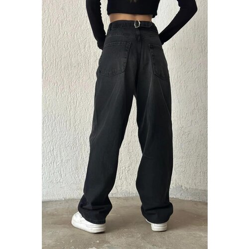 Dewberry 71755 Buckle Detail Loose Cut Wide Leg Women Jeans-BLACK Cijene