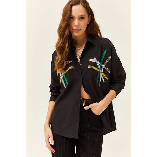 Olalook Women's Black Color Sequin Stick Woven Shirt GML-9001164 Cene