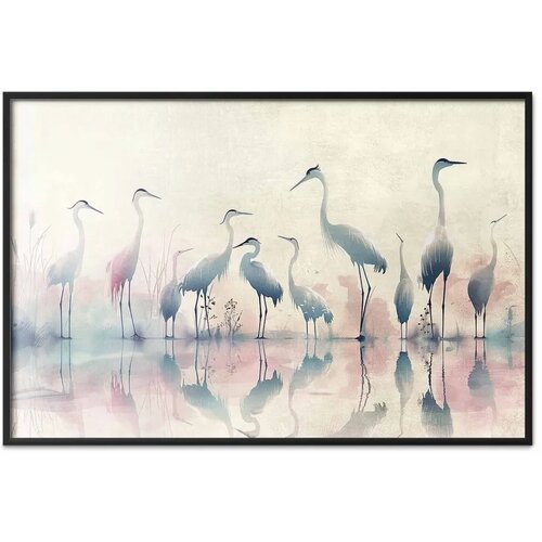  Plakat - Birds by the Lake - herons painted in watercolor in a delicate gray-pink palette 60x40 Crni okvir Slike