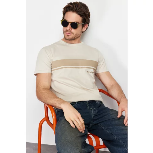 Trendyol Stone Regular/Normal Cut Crew Neck Short Sleeve Striped Printed 100% Cotton T-shirt
