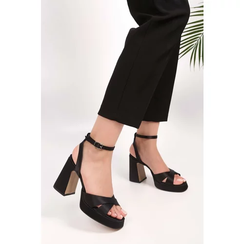 Shoeberry Women's Zea Black Satin Platform Heeled Shoes