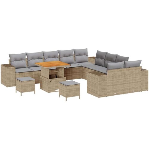  13-dijelni vrtni sofa set s jastucima bež poli ratan akacija Vrtna garnitura - 3-dijelni vrtni blagovaonski set s jastucima bež Cene