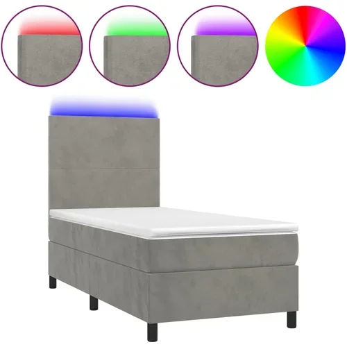 vidaXL Box spring postelja z vzmetnico LED svetlo siva 90x190cm žamet, (20789919)