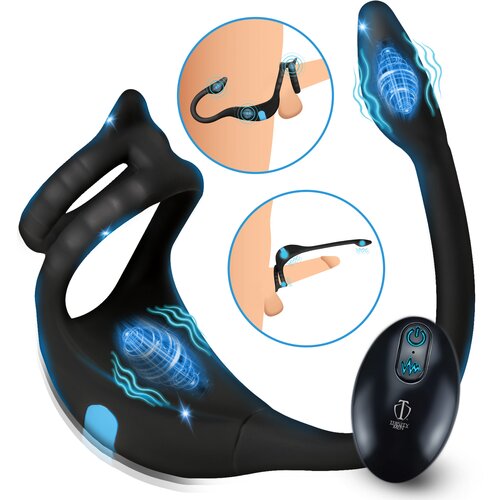 Trinity Men Vibrating C-Ring + Anal Stimulator Black Cene