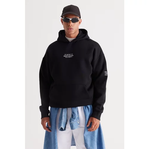 AC&Co / Altınyıldız Classics Men's Black Oversize Fit Loose-Fit Hooded Fleece 3-Thread Cotton Sweatshirt