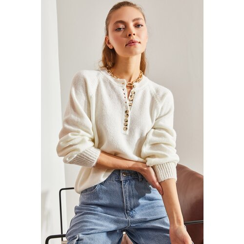 Bianco Lucci Women's Buttoned Collar Turtleneck Striped Knitwear Sweater Slike
