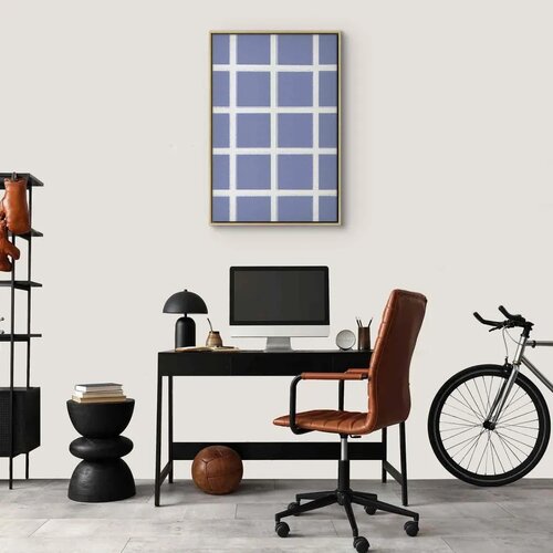  Slika - Lines and Symmetry - Expressive White Grid on a Blue Background 60x90 U prirodnom drvenom okviru Slike