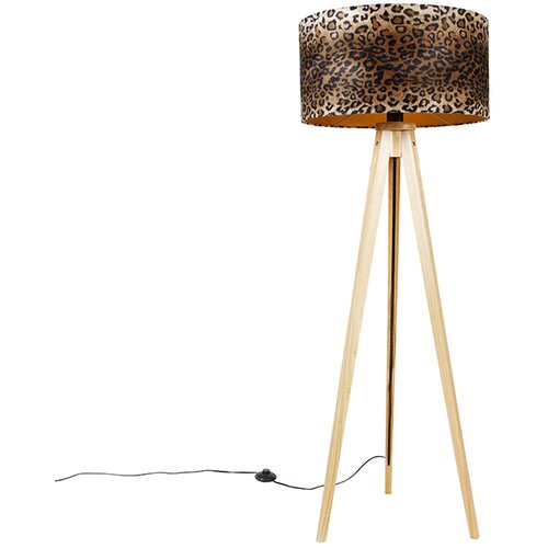 QAZQA Sodobna talna svetilka lesena tkanina leopard 50 cm - Tripod Classic Cene
