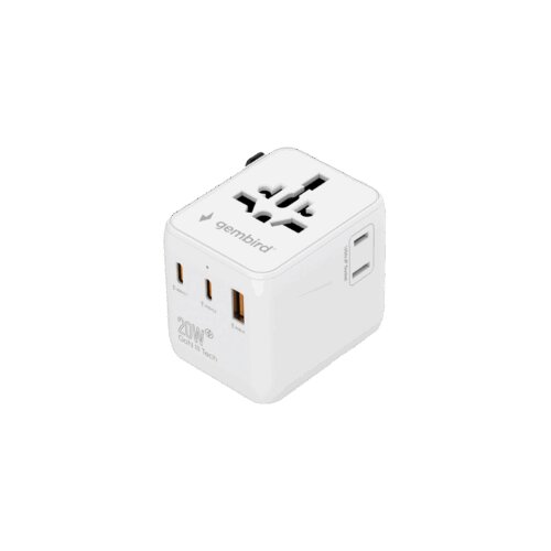 Univerzalni strujni adapter za sve zemlje + USB + Type-C punjač GEMBIRD, 20 W, white, TPA-1A2C20-01-W Slike