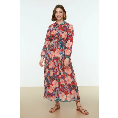 Trendyol Multicolored Floral Pattern Belted Shirt Collar Chiffon Woven Dress
