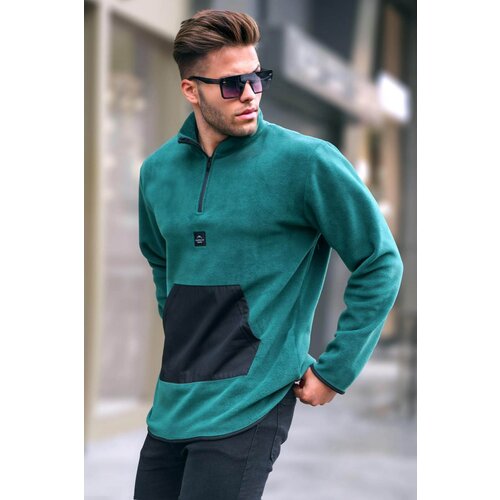 Madmext Men's Green Bato Collar Kangaroo Pocket Cold Proof Fleece Sweatshirt 6018 Slike