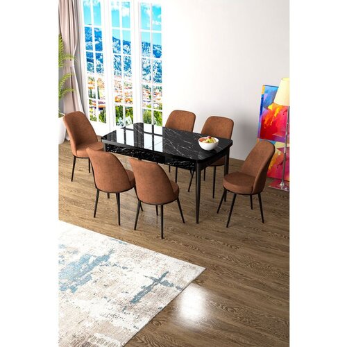 Hanah home Zen - Black Marble, Tile Red Black MarbleTile Red Extendable Dining Table & Chairs Set (7 Pieces) Cene