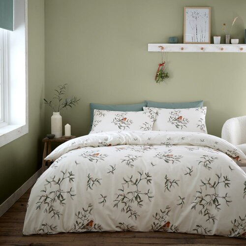 Catherine Lansfield Kremno bela enojna flanelna posteljnina 135x200 cm Mistletoe Robins – Cene