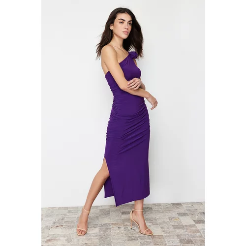 Trendyol Purple Accessory Rose Detailed Gathered Bodycone/Fitting Knitted Midi Dress