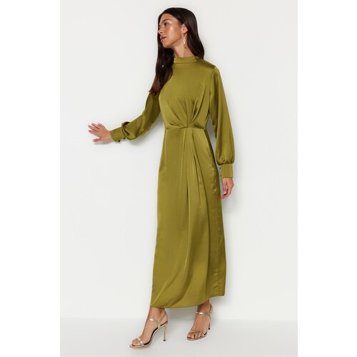 Trendyol Khaki Evening Dress In Satin With Pleated Waist Cene