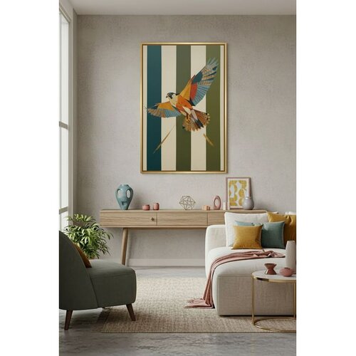 Wallxpert uramljena slika na platnu Huhu3118, &scaron;arena ptica u letu na zeleno-bež prugastoj pozadini, 70 x 100 cm Cene