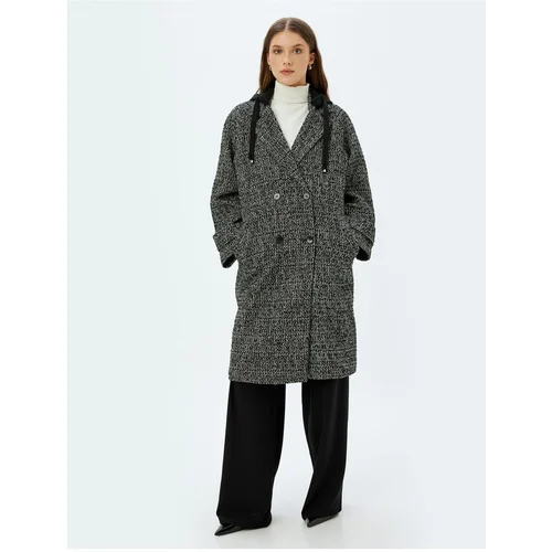 Koton Detachable Hooded Pocket Reverse Collar Buttoned Long Double Breasted Coat