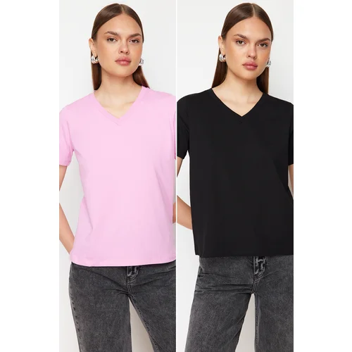 Trendyol Black-Pink 100% Cotton 2-Pack Basic V-Neck Knitted T-Shirt