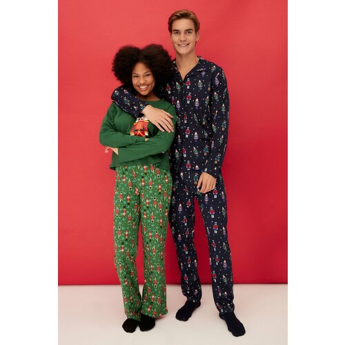Trendyol Men's Navy Blue Christmas Theme Shirt Collar Regular fit Knitted Pajamas Set Slike