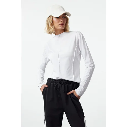 Trendyol White Micro Ruffle Stitching and Reflective Print Detailed Sports Knitted Top/Blouse