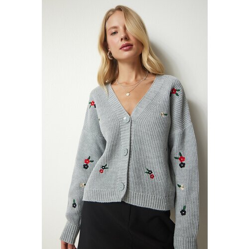 Happiness İstanbul Women's Gray Floral Embroidered Button Knitwear Cardigan Slike