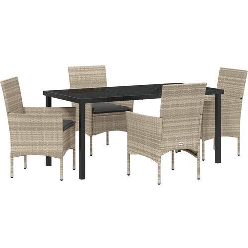 VidaXL 5-delna vrtna jedilna garnitura s blazinami svetlo siva poli ratan, vrtna miza črna 160x80x73 cm varnostno steklo Slike